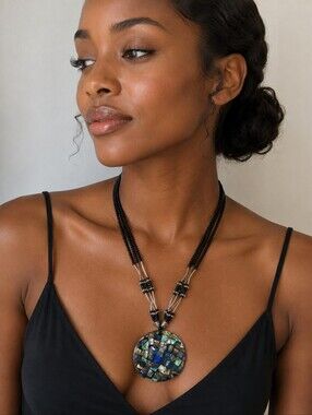 Black Beaded Abalone Mosaic Pendant Necklace